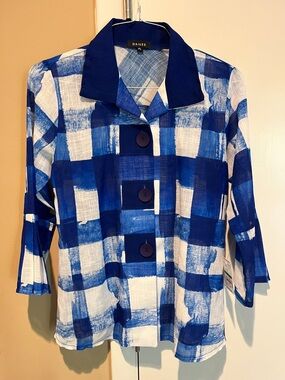 INC International Concepts Blue and White Check Button-Front Top
